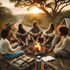 "Group of diverse people gathered around a campfire at sunset, surrounded by nature. They are dressed in comfortable, natural clothing, with a journal, backpack, and eco-friendly water bottle scattered around. The peaceful, grounded scene evokes a balance of adventure and practicality, with soft light and earthy tones representing freedom, simplicity, and connection."