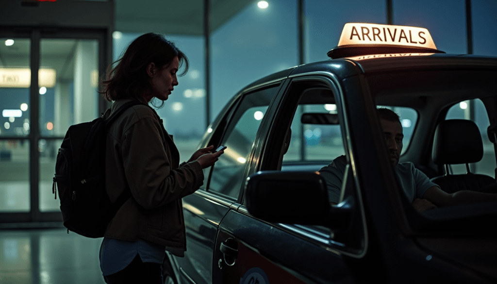 Booking Flights Wisely and Cheaply Image showing the uneasiness of trying to get a taxi at night time in a foreign land . A woman at the window of a taxi.