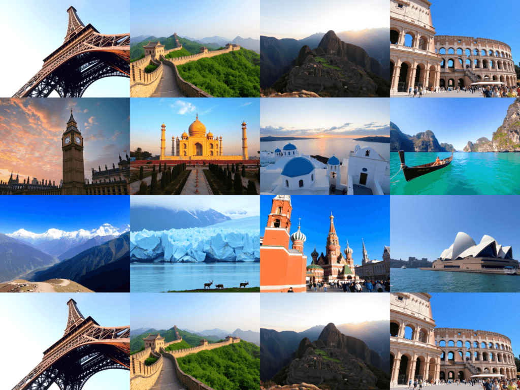 A vibrant 4x4 grid gallery showcasing 16 iconic travel landmarks from various countries where the reader could go, including Machu Picchu, the Eiffel Tower, and Railay Beach.
